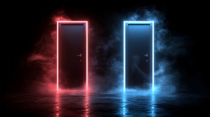 Aufkleber - Two doors with smoke coming out of them. One is red and the other is blue. The smoke is glowing and creating a mysterious atmosphere