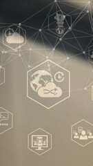 Poster - Animation of network of connections with icons over blurred background