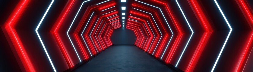 Poster - Futuristic Neon Corridor with Red and Blue Lights in a Modern Abstract Style for Creative Projects
