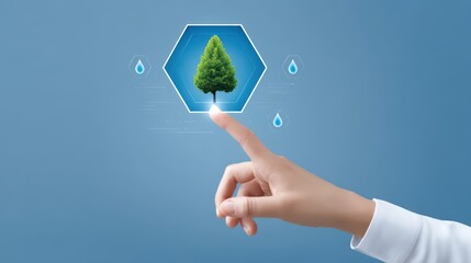 Poster - Hand Touching Digital Tree Symbolizing Technology and Nature Integration in Eco-Friendly Future
