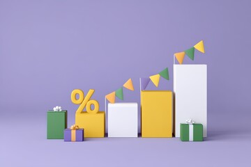 Poster - Colorful 3D Bar Graph with Gifts and Decorative Banners on Purple Background for Business Growth Concept