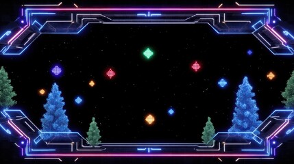 Poster - Futuristic Digital Landscape with Colorful Geometric Shapes and Pine Trees in Neon Frame