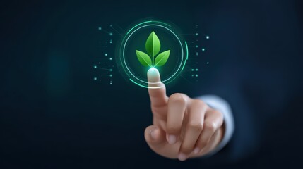 Poster - Modern Businessman Touching Eco-Friendly Digital Leaf Icon with Green Circular Interface