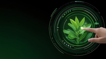Poster - Hand Interacting with Virtual Plant Technology on Dark Background for Green Energy Concepts and Innovations