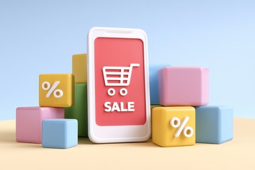 Poster - Vibrant Mobile Shopping Display with Sale Announcement and Colorful Blocks on a Light Background