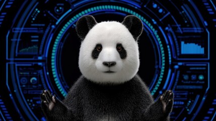 Poster - Cute panda bear in front of a futuristic digital background with blue neon elements and interactive technology patterns