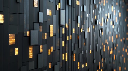 Poster - Wall made up of black squares with yellow squares in the middle. The squares are lit up, creating a striking contrast between the dark background and the bright, glowing squares