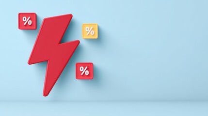 Poster - Bold Red Lightning Bolt with Percent Symbols on Soft Blue Background Representing Energy and Discounts