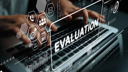 Poster - Hands on Laptop with Digital Interface Showing Evaluation Process in Modern Business Environment. Asymptotic smart data analytic.