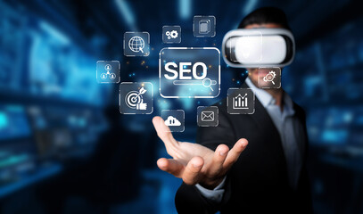 Poster - A businessman wearing virtual reality glasses interacts with digital icons representing SEO and marketing strategies, showcasing innovation in a tech-driven environment. XDMCP