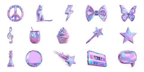 Poster - Holographic Icon Set Featuring Diverse Symbols. Trendy Aesthetic And Digital Art Collection Isolated On Transparent Background