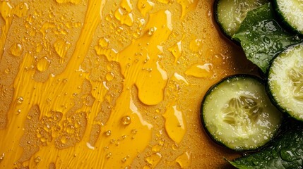 Poster - Table with a yellow surface and a green leaf on top. There are cucumbers cut in half and placed on the table. The cucumbers are arranged in a way that they are cut in half