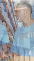 Poster - Statistical data processing over two caucasian male volunteers high fiving each other at warehouse