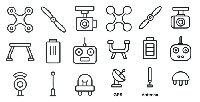 Collection of robot icons including a camera, a remote control, and a battery. The icons are arranged in a grid and the word Antenna is written at the bottom right