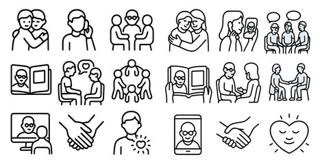 Poster - Series of images of people in various positions, including holding hands, hugging, and sitting. The mood of the images is positive and friendly, conveying a sense of connection