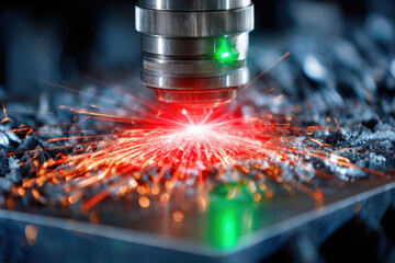 Poster - Laser cutting process sparks bright light in a workshop during daytime