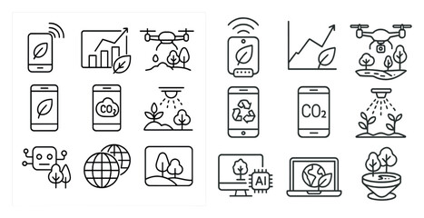 Poster - Set of icons for technology and the environment. The icons include a cell phone, a laptop, a tablet, a drone, a smart watch, a smart TV, a smart speaker, a smart home, a smart car, a smart city