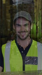 Poster - Animation of globe over happy caucasian warehouse worker