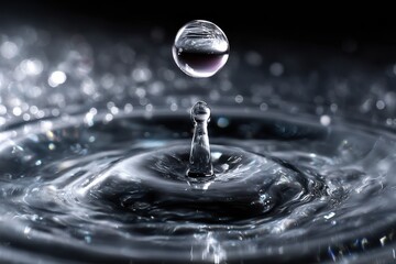 Poster - Droplet creates ripples on the surface of calm water in a dark background environment