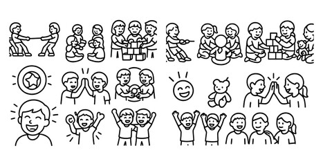 Poster - Series of drawings of children playing with toys. The drawings are in black and white and include a variety of activities such as playing with a teddy bear, playing with a ball