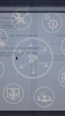 Poster - Animation of tech icons and data processing on computer screen