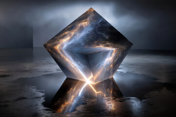 Poster - Abstract crystal sculpture reflecting light on a dark, mysterious surface