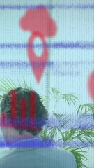 Poster - Animation of icons and glitch over diverse female and male coworkers in office