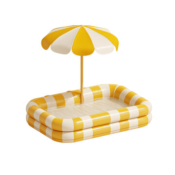 A yellow and white striped inflatable pool with an umbrella, a simple icon design on a pure isolated on a transparent background in PNG format.