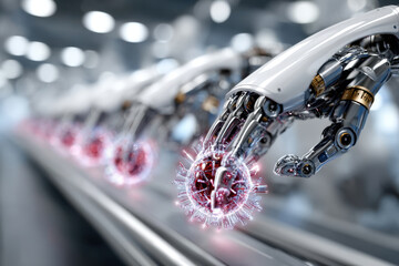 Poster - Futuristic robotic hands manipulating glowing spheres in a high-tech manufacturing setting