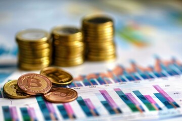 Poster - Bitcoin coins lying on a financial chart showing positive growth, stacks of golden coins in the background out of focus
