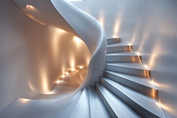 Poster - Kinetic-inspired spiral staircase resembling a twisting sculpture, composed of brushed steel and illuminated by recessed wall lights