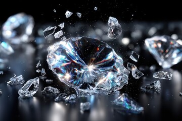 Poster - Shattered diamond fragments sparkle under bright light in a dynamic display of brilliance