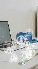 Poster - Animation of network of connections over woman using laptop
