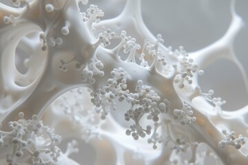 Poster - Microscopic view of a white coral like structure, featuring intricate patterns and small spheres growing on its branches, creating a delicate and complex formation