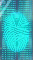 Poster - Animation of biometric fingerprint scanner over statistical data processing and binary coding