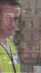 Poster - Animation of data processing over caucasian male worker in warehouse