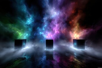 Poster - Abstract light display with colorful smoke and mysterious black cubes at night