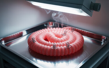 Poster - Surreal Soft Pink Spiral Installation Illuminated Under Bright Light on Silver Tray with Steam Rising