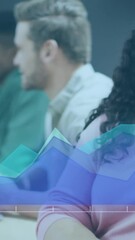 Poster - Animation of statistical data processing over woman sitting on her desk at office