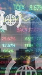 Poster - Animation of financial data processing, statistics and globe icons over cityscape