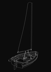 Poster - A black and white 3D sailboat glides gracefully with billowing sails and a glistening hull against a dark background. The detailed drawing captures the boat's sleek design and dynamic motion.