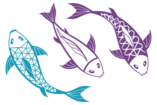 decorative stylized fish shapes, minimal design, abstract geometric, vivid blue and purple colors, graphic art style, simple line art, icon set