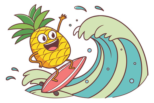  cartoon,happy pineapple,pineapple with surfboard,bright colors,graphic illustration,vector art,digital art