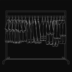Poster - Clothes hang neatly on a simple rack with clean lines, drawn in black and white. The minimalist illustration features shirts, pants, and dresses against a dark background.