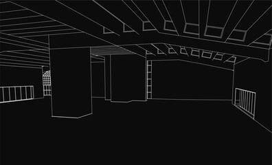 Poster - A black and white 3D model drawing of a spacious hangar with numerous large windows, showcasing architectural precision. The clean lines and geometric design highlight the industrial aesthetic.