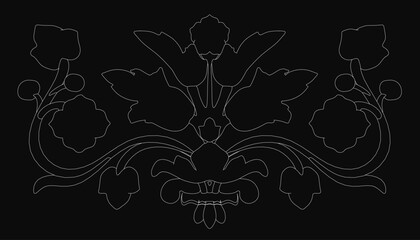 Poster - Intricate black and white floral ornament with detailed patterns and elegant curves. The design features delicate petals and leaves, creating a striking contrast against the dark background.