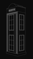 Poster - A black and white telephone booth stands outlined in white against a dark background. The stark contrast highlights the vintage design. Clean lines emphasize the iconic structure.