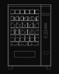 Poster - A sleek black and white vending machine with a glass door displays various drinks, including soda and juice. The modern design features a top handle for easy access.