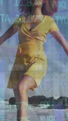 Poster - Animation of financial data processing over woman on beach