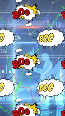 Poster - Animation of boom texts in clouds, multiple graphs, numbers, lens flares over human representations